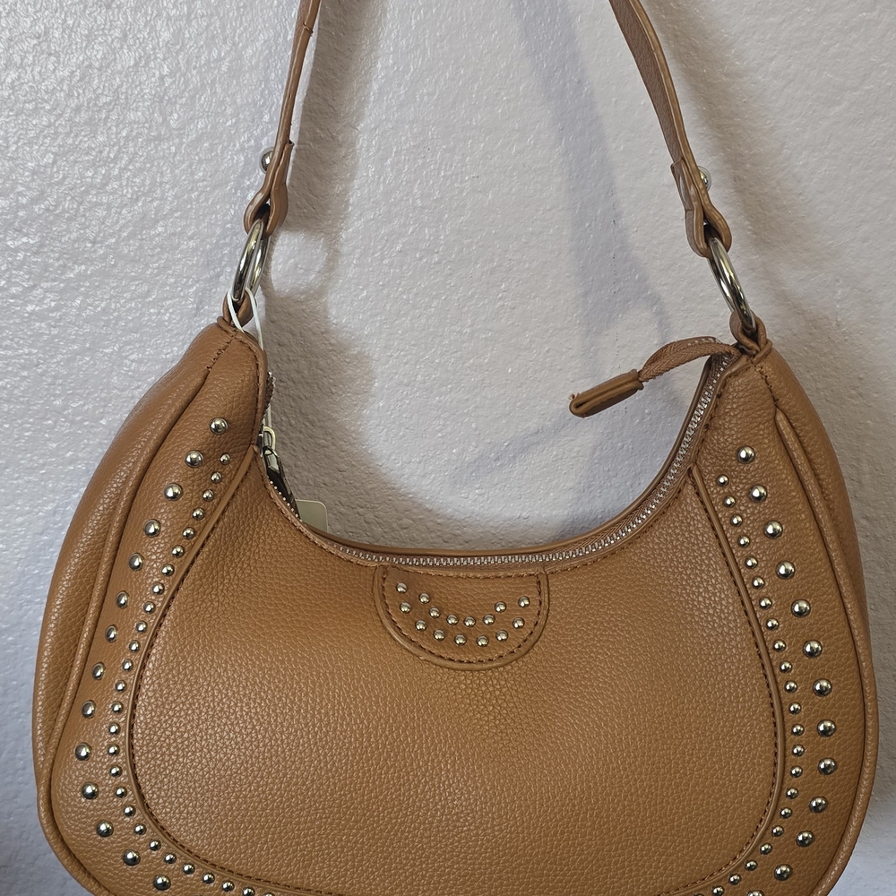 Tan Pebbled Studded Shoulder Bag for Women